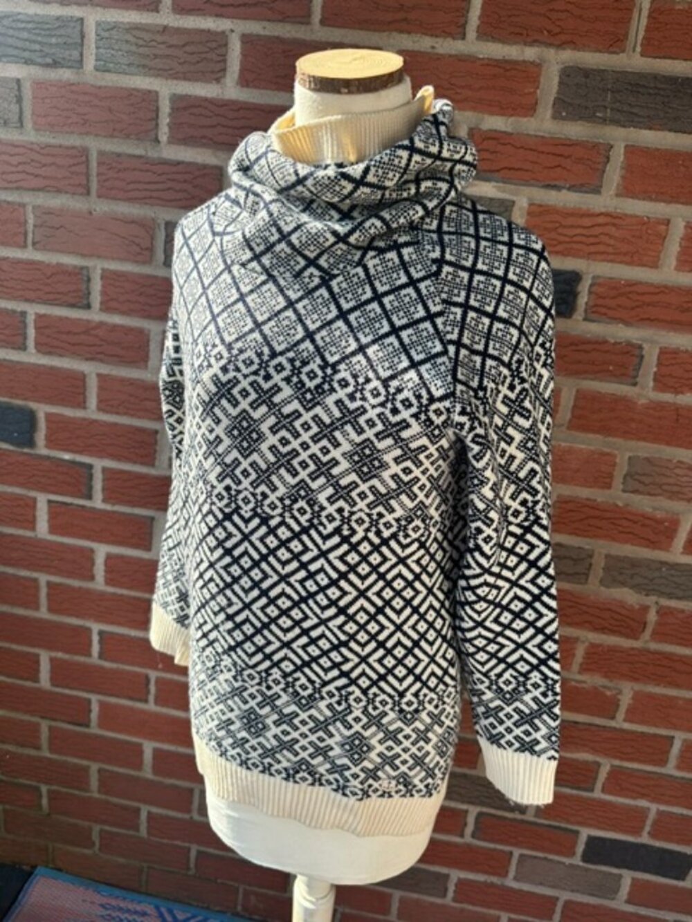Armor Lux High Rolled Turtleneck Sweater - Black & Cream Geometric - Pure Wool M